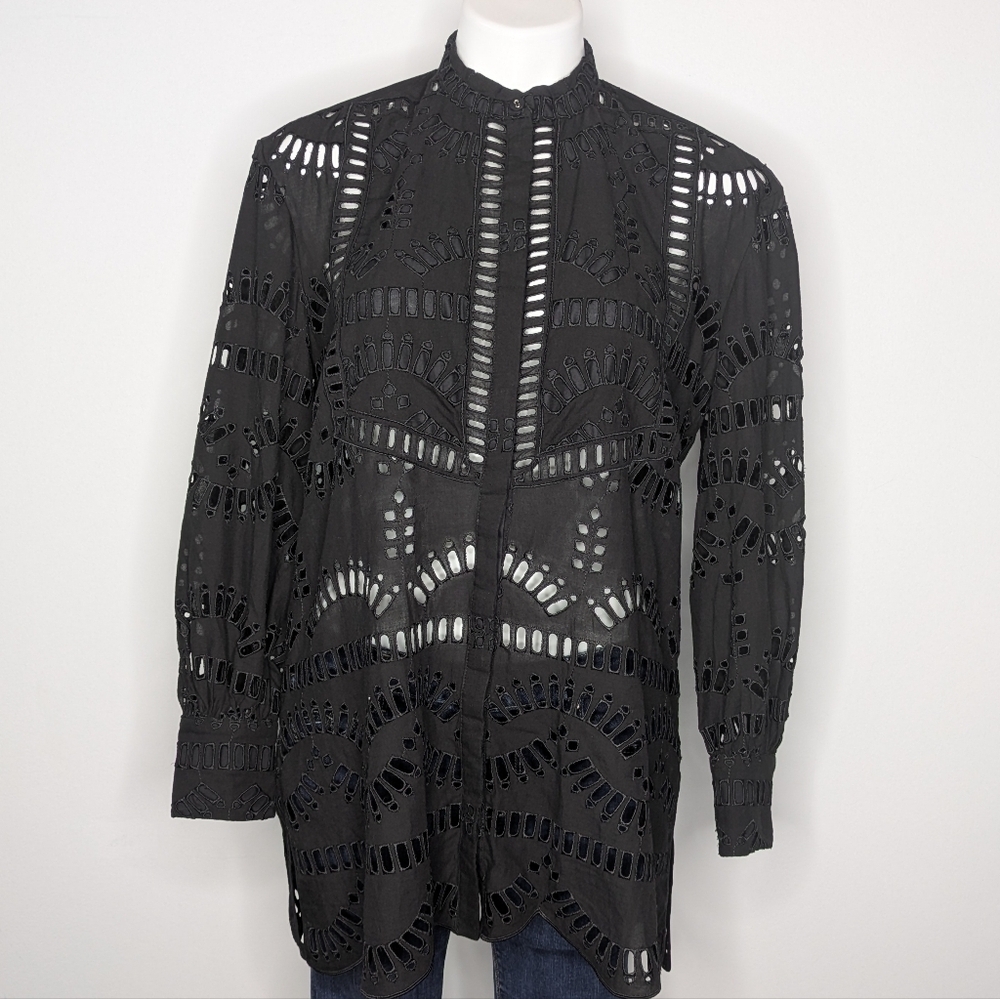 Charo Ruiz Jeky Blouse Black Eyelet Lace Button Up Cotton Blend Top S